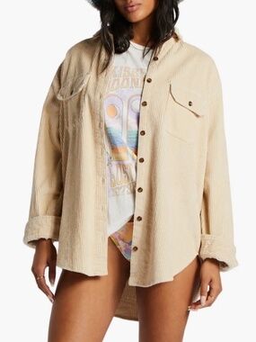 BILLABONG So Stoked Corduroy Shacket Sz S Tan Long Sleeve Oversized 100% Cotton